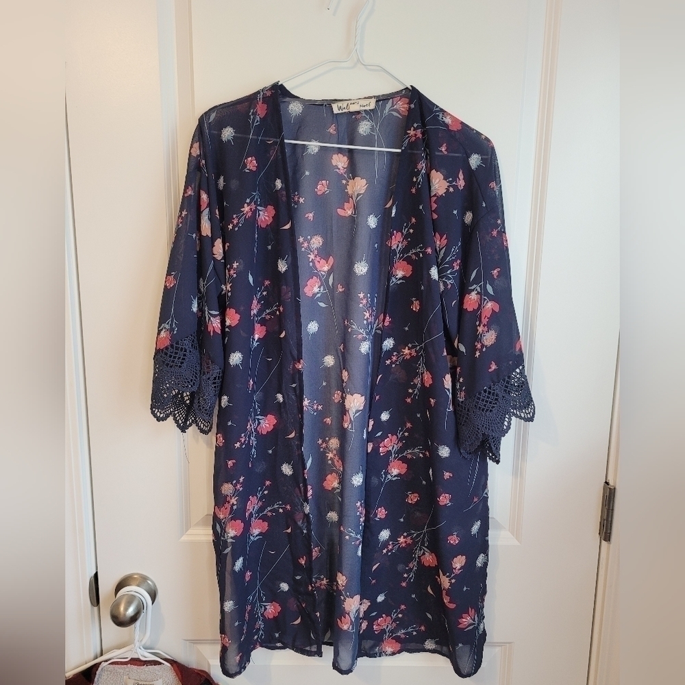 WallFlower Navy Blue and Pink Floral Kimono Cardi